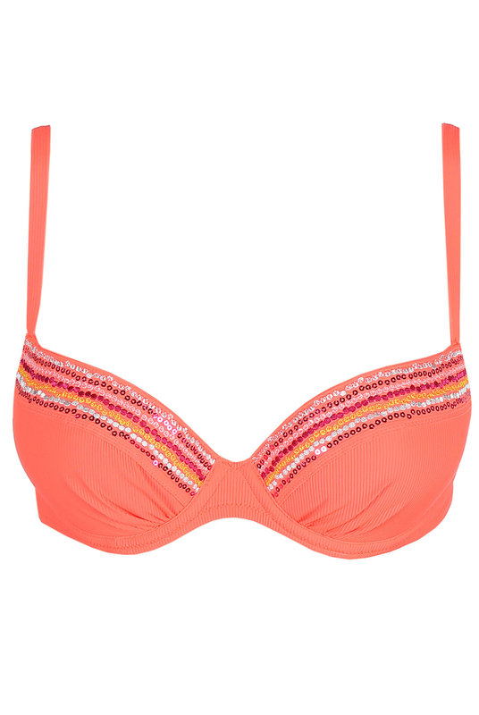 Купальный бюстгальтер на кости, с уплотненной чашкой, яркий, фото крупным планом. 