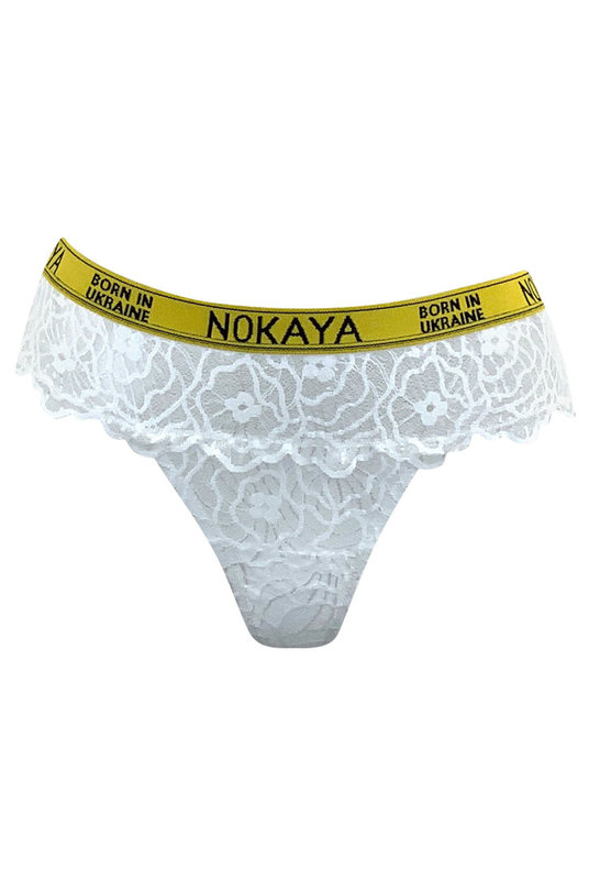 Женские трусы бразилиана с логотипизированым поясом от Нокая из нежного современного кружева в белом оттенке. Жіночі труси бразиліана з логотипізованим поясом від Нокая з ніжного сучасного мережива в білому відтінку.