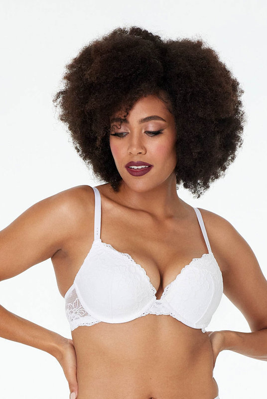 Бюстгальтер телесный бесшовный от Pleasure State из кружева с пуш-апом в кристально белом цвете.