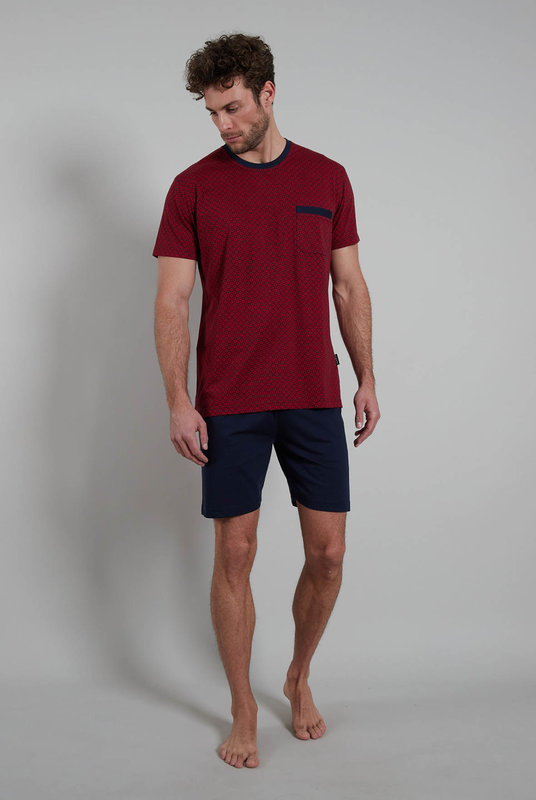 Хлопковая пижама мужская купить в Украине от Bugatti с шортами и футболкой в черно-красном цвете. Бавовняна піжама чоловіча купити в Україні від Bugatti з шортами і футболкою в чорно-червоному кольорі.