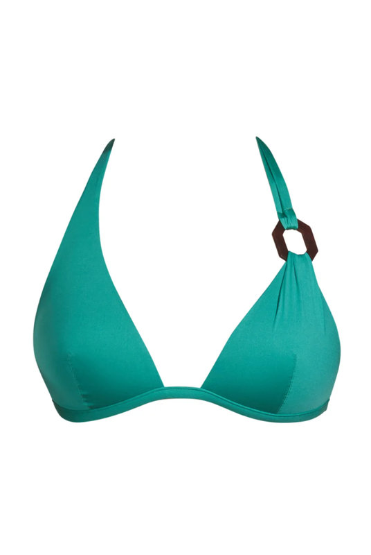 Купальный треугольник уплотненный без кости в зеленом цвете с декорированной бретелью, фото крупным планом, Andres Sarda.