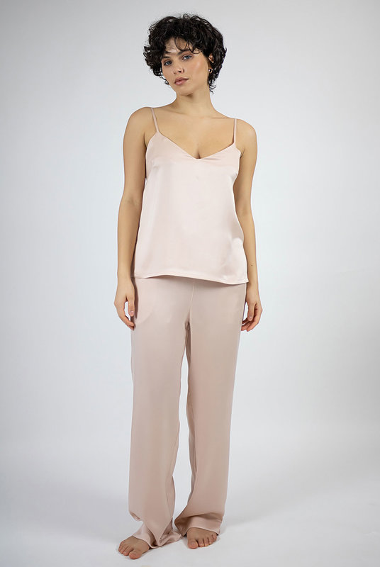 Шелковая Розовая майка на тонких бретельках с брбками