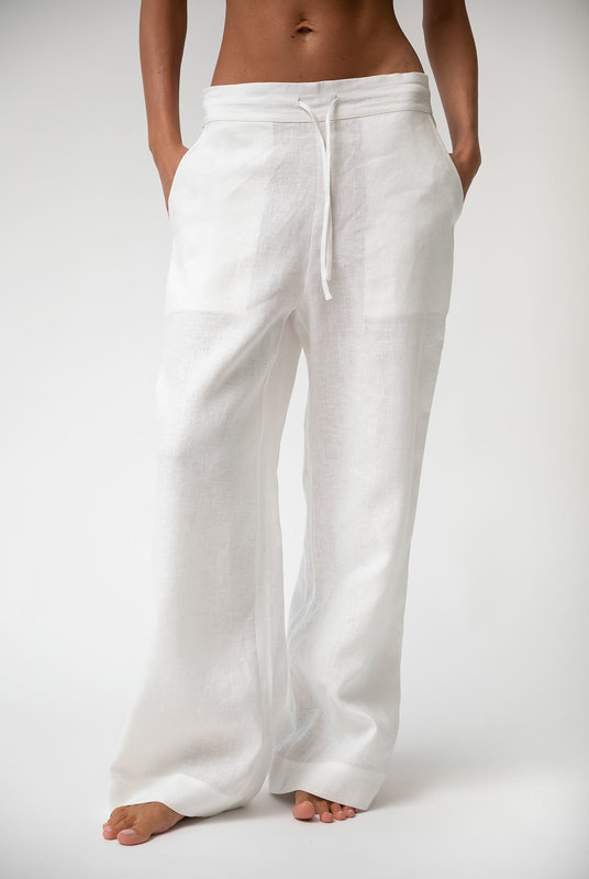 Стильные современные брюки новинка из 100% льна с высокой посадкой на резинке купить в Киеве белые.