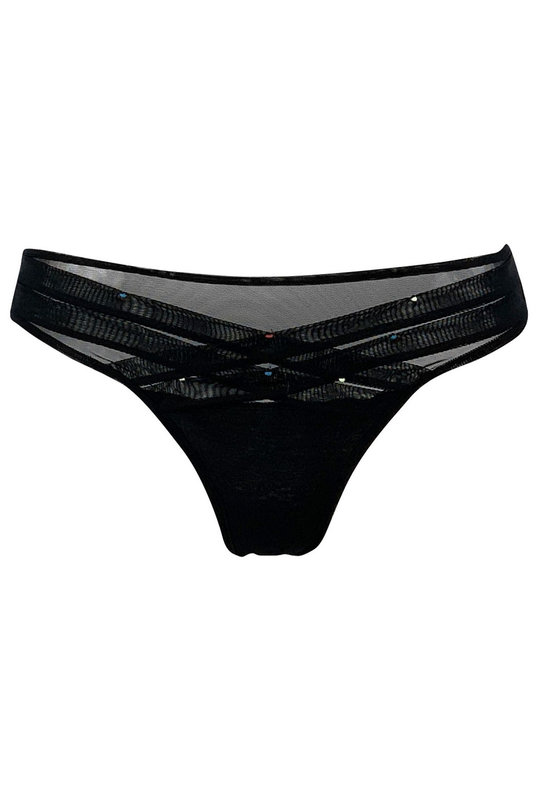 Женские трусики бесшовные бикини с яркими вышитыми штрихами и пересекающимися графичными лентами от NOKAYA  в черном цвете. Жіночі трусики безшовні бікіні з яскравими вишитими штрихами і пересічними графічними стрічками від NOKAYA в чорному кольорі.