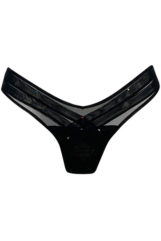 Женские трусики бесшовные стринги с яркими вышитыми штрихами и пересекающимися графичными лентами от NOKAYA  в черном цвете. Жіночі трусики безшовні стрінги з яскравими вишитими штрихами і пересічними графічними стрічками від NOKAYA в чорному кольорі.