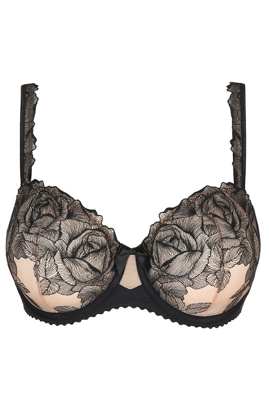 Женский бюстгальтер черный с мягкими чашечками на косточках с цветочной вышивкой, Прима Донна. 