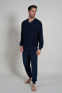 Мужская Пижама с лонгсливом в полоску и однотонными брюками