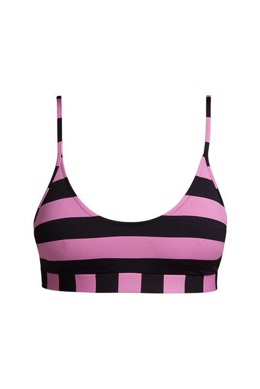 Купальный топ уплотненный без косточек, яркий купальник с принтом полоса, фото крупным планом. 