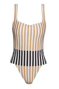 Цельный купальник с открытой спиной с принтом полоса, полосатый купальник от Андрес Сарда. 