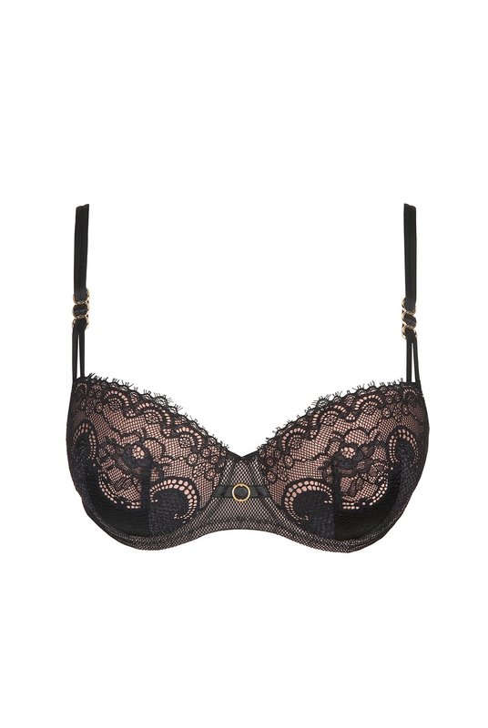 Бюстгальтер балконет в черном цвете с нежным цветочным кружевом. Фото крупным планом. Marie Jo.