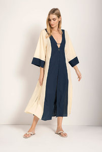 Купить женское хлопковое пляжное платье длинное от Touche в темно-синем\бежевом цвете. Купити жіноча бавовняна пляжна сукня довга від Touche в темно-синьому\бежевому кольорі.