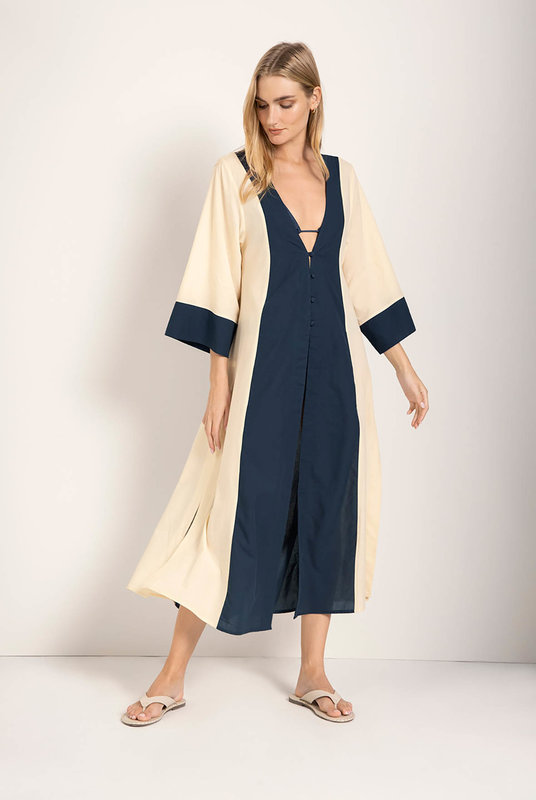 Купить женское хлопковое пляжное платье длинное от Touche в темно-синем\бежевом цвете. Купити жіноча бавовняна пляжна сукня довга від Touche в темно-синьому\бежевому кольорі.